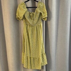 Yellow and White Tiered Puff Sleeve Midi Dress